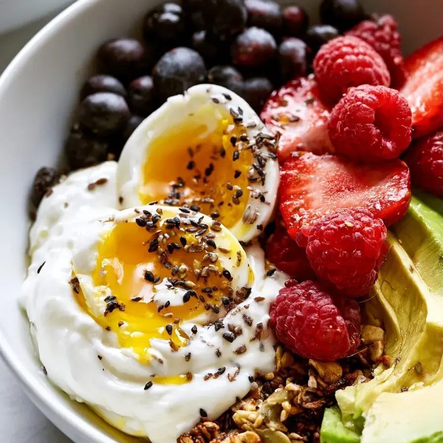 one main high protein breakfast spread featuring egg bowls, greek yogurt parfaits, and protein-packed wraps arranged on a wooden table. in sharp focus, with a few elements in the background softly blurred, clean white background, minimal composition, Pinterest style plating