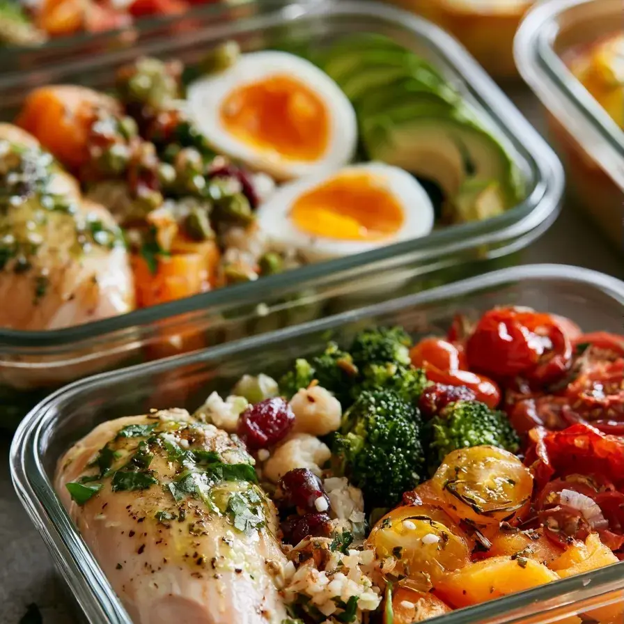 one main high protein meal prep containers filled with grilled chicken, quinoa, roasted vegetables, and hard-boiled eggs arranged on a kitchen counter. in sharp focus, with a few elements in the background softly blurred, clean white background, minimal composition, Pinterest style plating